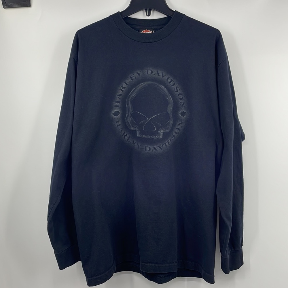 Vintage y2k 2004 Black Harley Davidson Skull Eagle Long Sleeve Shirt Size XL
